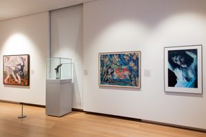 A museum gallery space showcasing various artworks, including a framed figurative painting, a glass display case with a sculpture, a large colorful abstract painting, and a framed photograph of a reclining female figure.