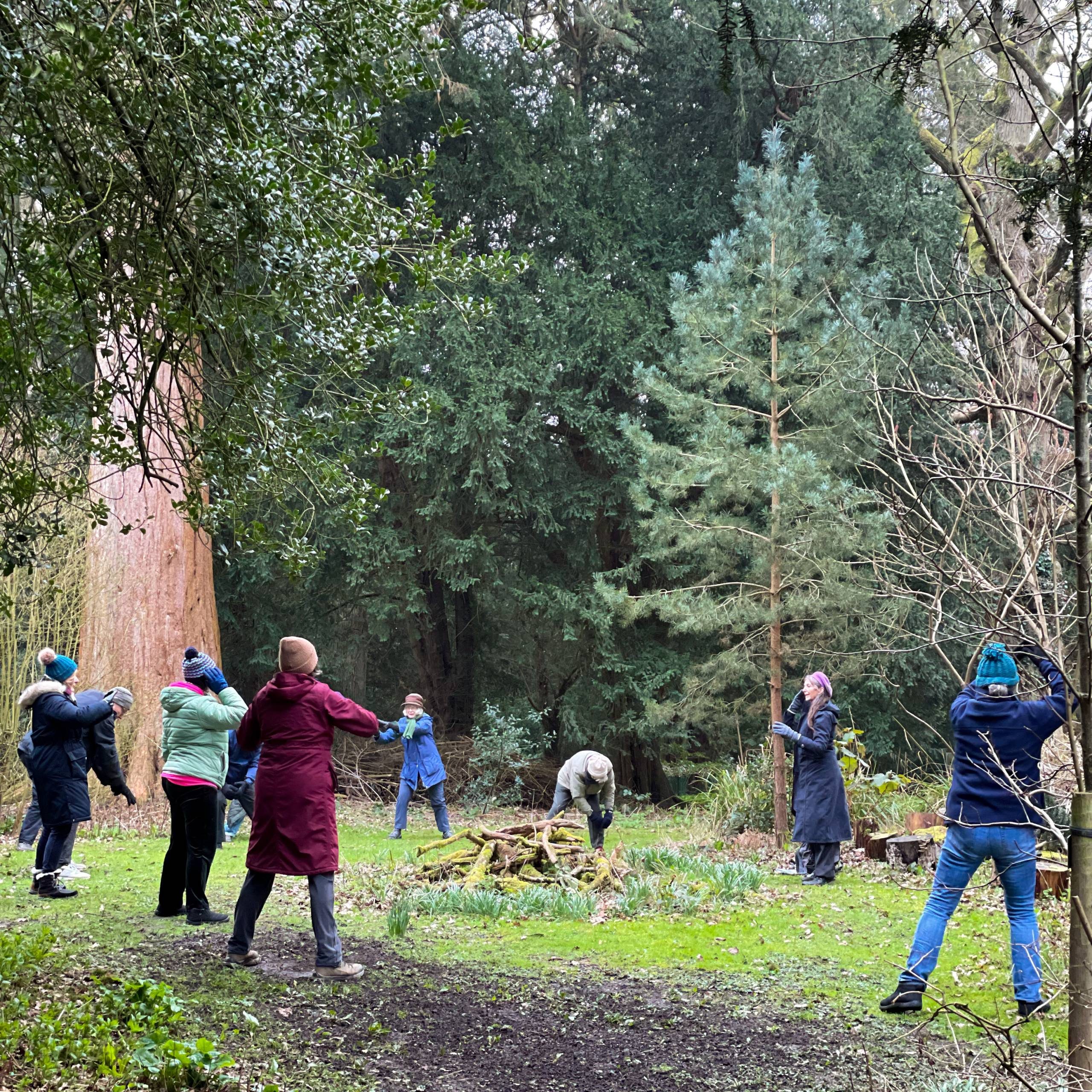A group of people doing Tai Chi in hats and coats surrounded by woodland