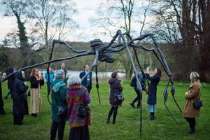 A group of people are gathered around a large, abstract metal sculpture of a spider-like creature in an outdoor park setting. Some are taking photographs of the sculpture, while others observe it from different angles, appreciating the artistic installation.