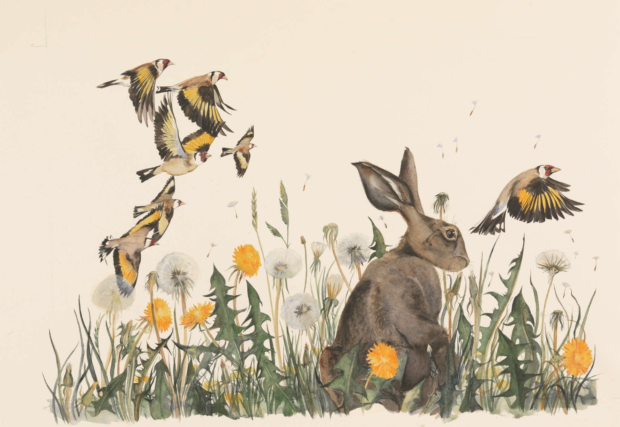 An illustration depicting a hare amid yellow dandelions and other wildflowers, with goldfinches flying overhead in an idyllic natural scene.