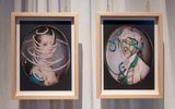 This image shows two framed portraits with unique and elaborate designs. One portrait features a person with pearl-like adornments covering much of their face and neck. The other shows someone wearing an intricate headdress or hat with green ribbons.