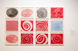 Louise Bourgeois Nature Study © Compton Verney, photography by Jamie Woodley (52) A close-up view of a grid of 12 framed artworks. The pieces are arranged in a 3x4 grid and showcase various spiral, circular, and curved line patterns. The colours are primarily red, black, and white, with one blue spiral design. Each artwork is individually framed in a light-coloured wood frame.