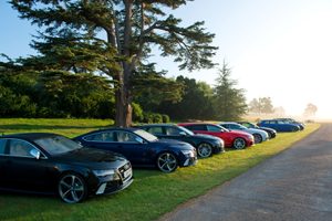 This image shows a row of sports cars cars parked on an immaculate lawn.