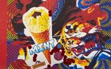 This image features a large ice cream cone against a background of bold, psychedelic patterns and imagery. The ice cream cone appears to be melting, and the overall effect is one of playfulness and eccentricity.