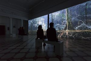 Breathing with the Forest, Installation View © Compton Verney and Jamie Woodley (7) two people are in silhouette sat on a bench facing away from us, looking at the Breathing with the Forest installation