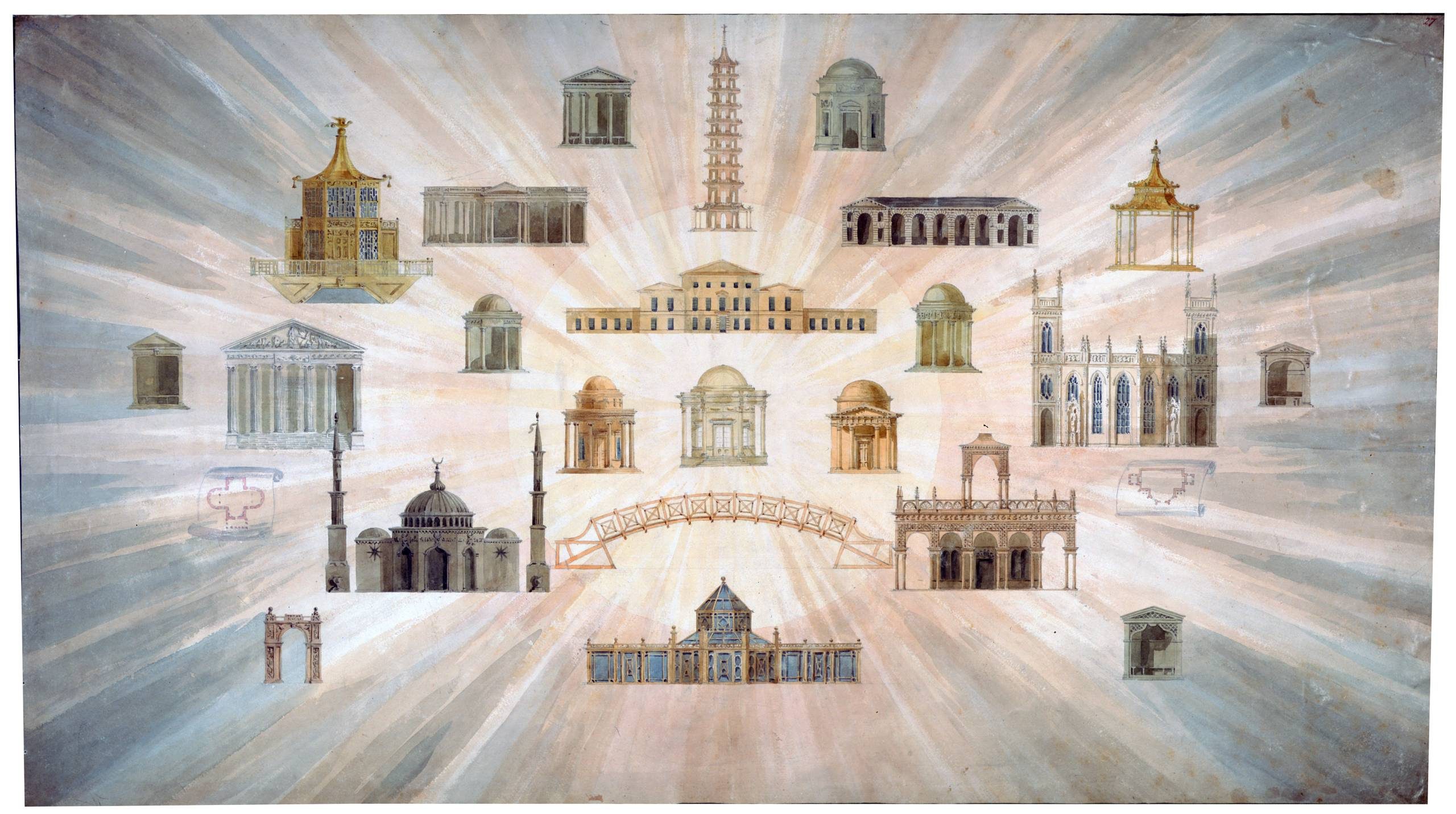 a historical architectural illustration showing various classical and ornamental building elements - including domes, towers, bridges, and pavilions - arranged in a radial composition with light rays emanating from the center. The style suggests it might be from a period architectural study or proposal.