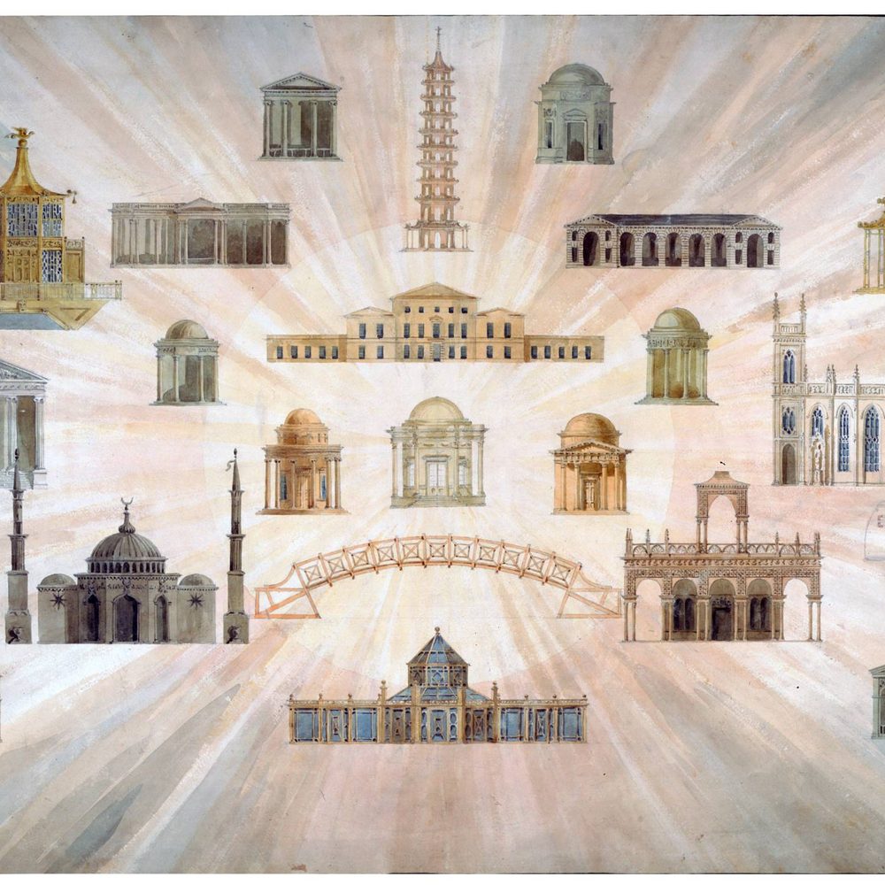 a historical architectural illustration showing various classical and ornamental building elements - including domes, towers, bridges, and pavilions - arranged in a radial composition with light rays emanating from the center. The style suggests it might be from a period architectural study or proposal.