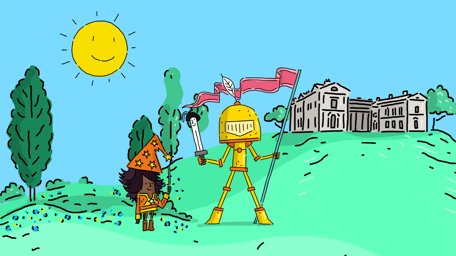 Cartoon-style illustration of a cheerful, sunny outdoor scene. A smiling sun shines over green rolling hills. On the left, a small wizard with dark hair, an orange star-covered hat and robe, and brown boots is holding a wand that emits sparkles. On the right, a tall golden-armoured knight with a pink banner on its helmet holds a flag and a sword with a smiling face. Behind them is a grand stately home, resembling a historic manor or museum, with tall trees and flowers dotting the landscape.