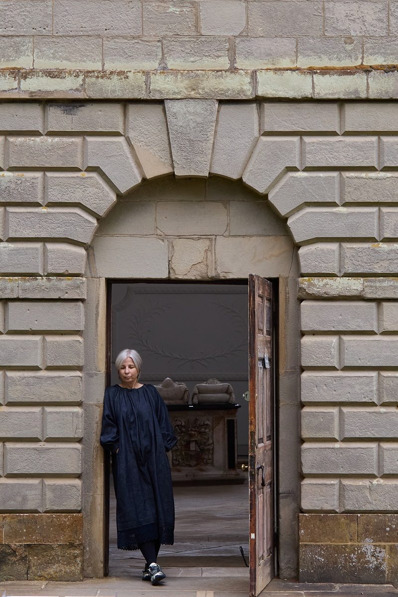 Yulia Mahr standing in the doorway of Compton Verney’s chapel, the site of her installation Speaking in Dreams.