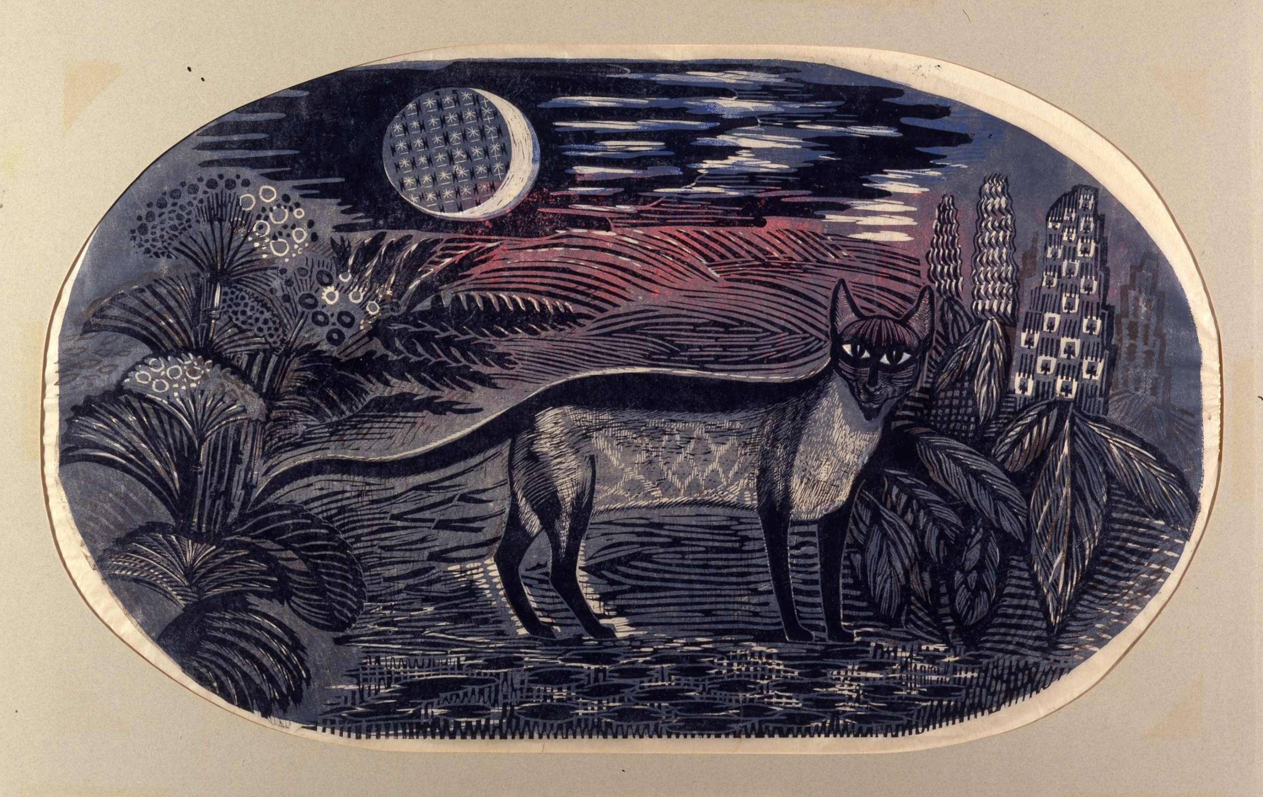 Stylised print of a cat standing among plants under a crescent moon, with patterned textures in the sky and foliage.