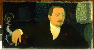 Maurice Denis, Portrait of Arthur Huc. 1892. Oil on Millboard. © The Henry Barber Trust, the Barber Institute of Fine Arts, University of Birmingham Man with glasses and mustache in dark clothing, seated with a cigarette, against a dark interior background.