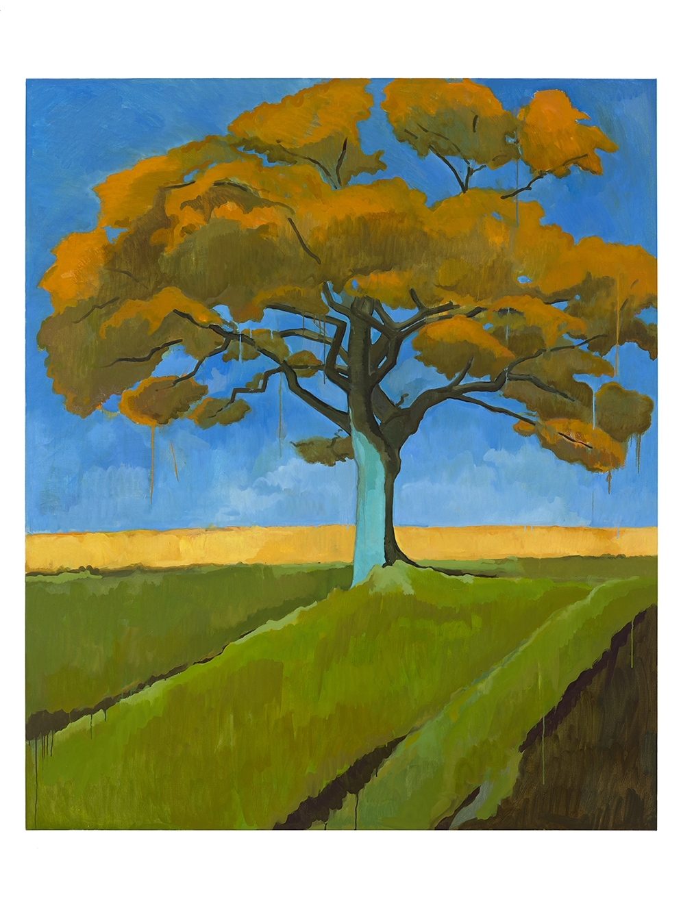 Large oak tree with golden leaves against a bright blue sky, standing alone in a green field with a golden horizon.