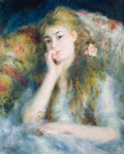 Pierre-Auguste Renoir, Young Woman Seated. 1876-77. Oil on Canvas. Young woman with long blonde hair in soft pastel tones, resting her head on her hand with a thoughtful expression.