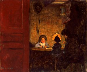 Pierre Bonnard, The Evening Meal. c1903. Oil on Canvas. © The Henry Barber Trust, the Barber Institute of Fine Arts, University of Birmingham Dimly lit interior with a child and two adults seated at a table under a glowing lamp.