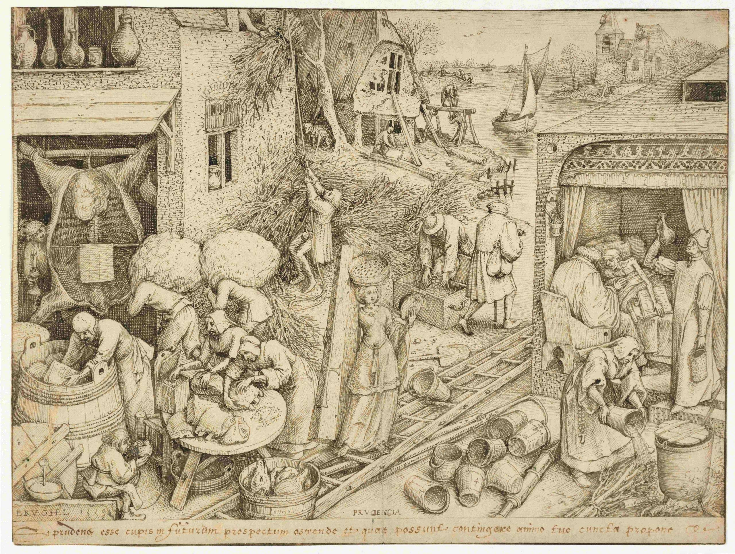 Detailed engraving of bustling village life with figures engaged in farming, trade, and household work, illustrating scenes of prudence.
