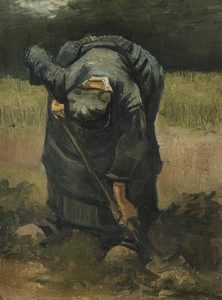 Vincent van Gogh, A Peasant Woman Digging. 1885. Oil on Canvas laid on Paper. © The Henry Barber Trust, the Barber Institute of Fine Arts, University of Birmingham Woman in dark clothing bent over with a spade, working in a field.